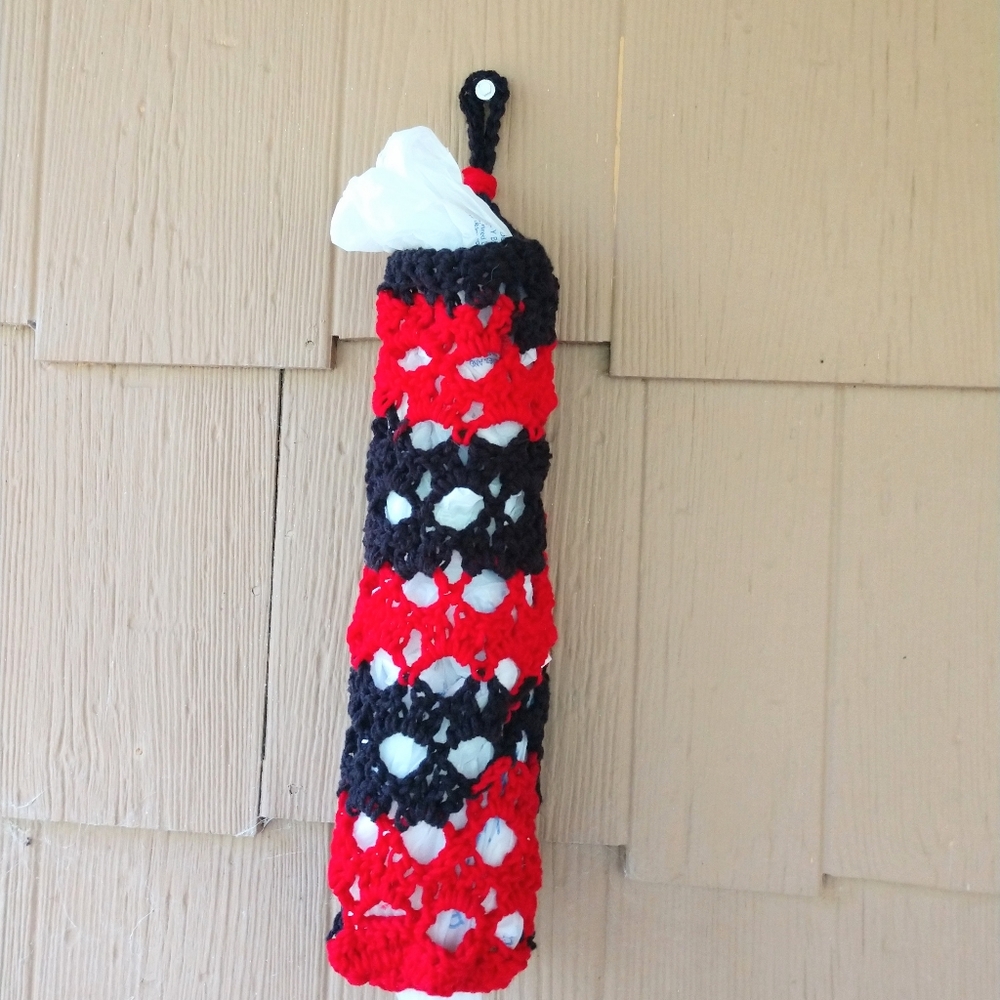 Hand Crafted Bag Saver Plastic Bag Container Red Black UGA Boho Eco-Friendly